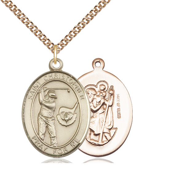 14kt Gold Filled Saint Christopher Golf Pendant on a 24 inch Gold Filled Heavy Curb chain