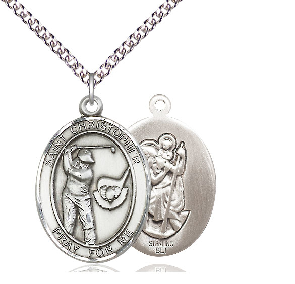 Sterling Silver Saint Christopher Golf Pendant on a 24 inch Sterling Silver Heavy Curb chain