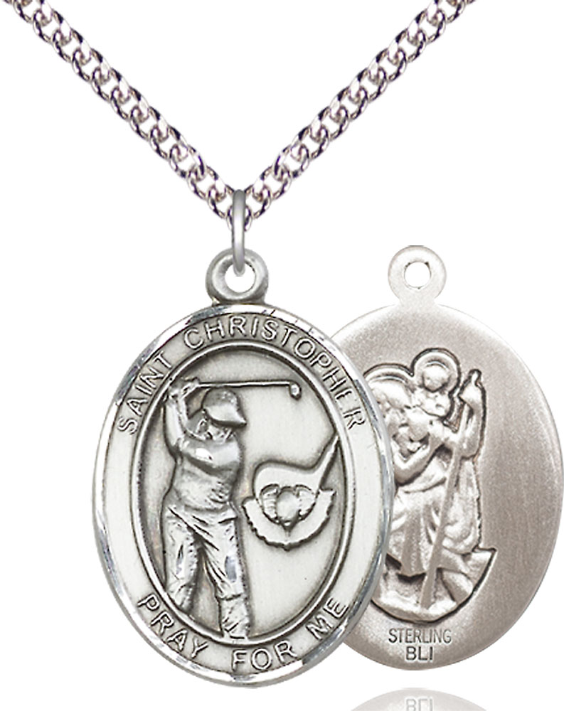 Sterling Silver Saint Christopher Golf Pendant on a 24 inch Sterling Silver Heavy Curb chain