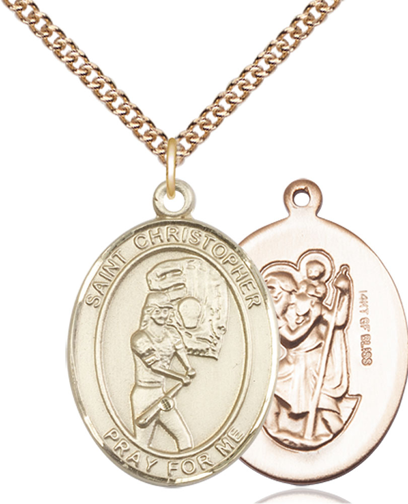 14kt Gold Filled Saint Christopher Softball Pendant on a 24 inch Gold Filled Heavy Curb chain