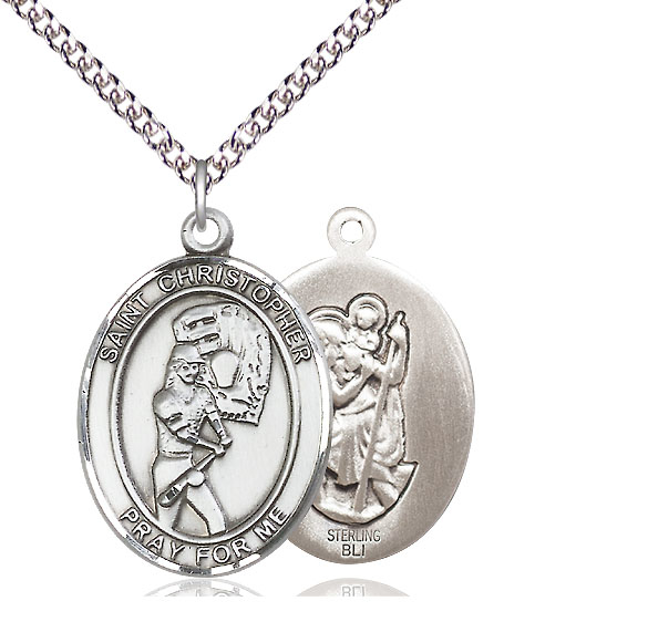 Sterling Silver Saint Christopher Softball Pendant on a 24 inch Sterling Silver Heavy Curb chain