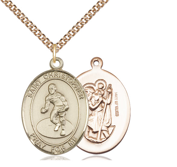 14kt Gold Filled Saint Christopher Wrestling Pendant on a 24 inch Gold Filled Heavy Curb chain