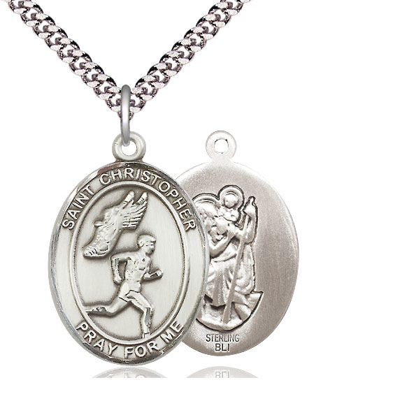 Sterling Silver Saint Christopher Track&amp;Field Pendant on a 24 inch Light Rhodium Heavy Curb chain