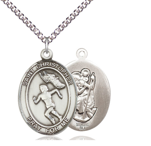 Sterling Silver Saint Christopher Track&amp;Field Pendant on a 24 inch Sterling Silver Heavy Curb chain