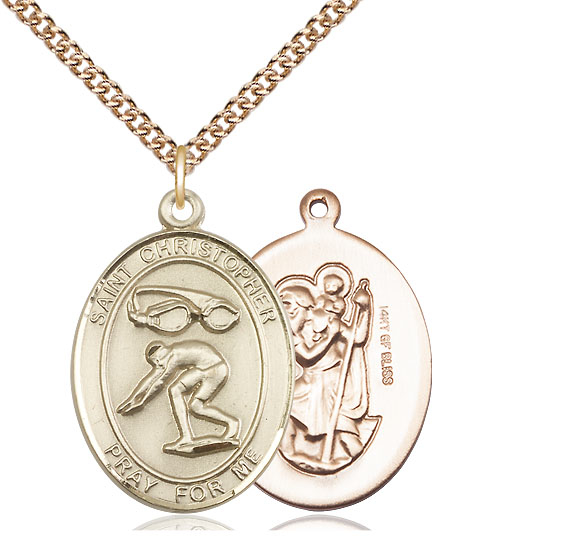 14kt Gold Filled Saint Christopher Swimming Pendant on a 24 inch Gold Filled Heavy Curb chain