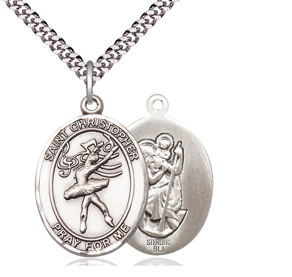 Sterling Silver Saint Christopher Dance Pendant on a 24 inch Light Rhodium Heavy Curb chain