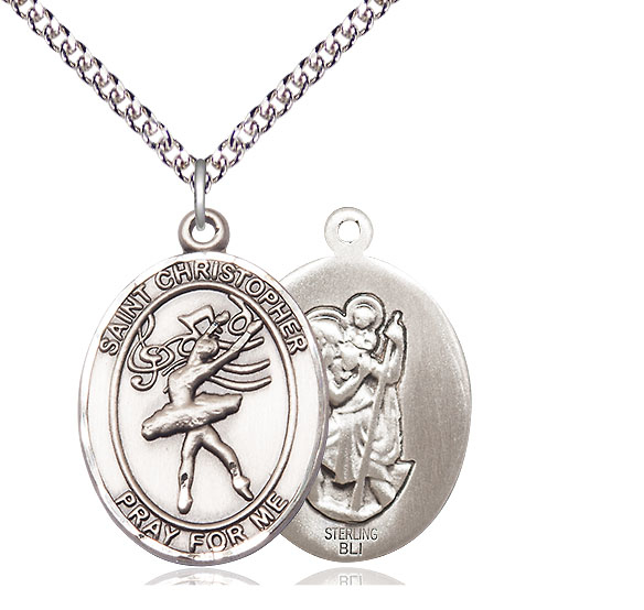 Sterling Silver Saint Christopher Dance Pendant on a 24 inch Sterling Silver Heavy Curb chain