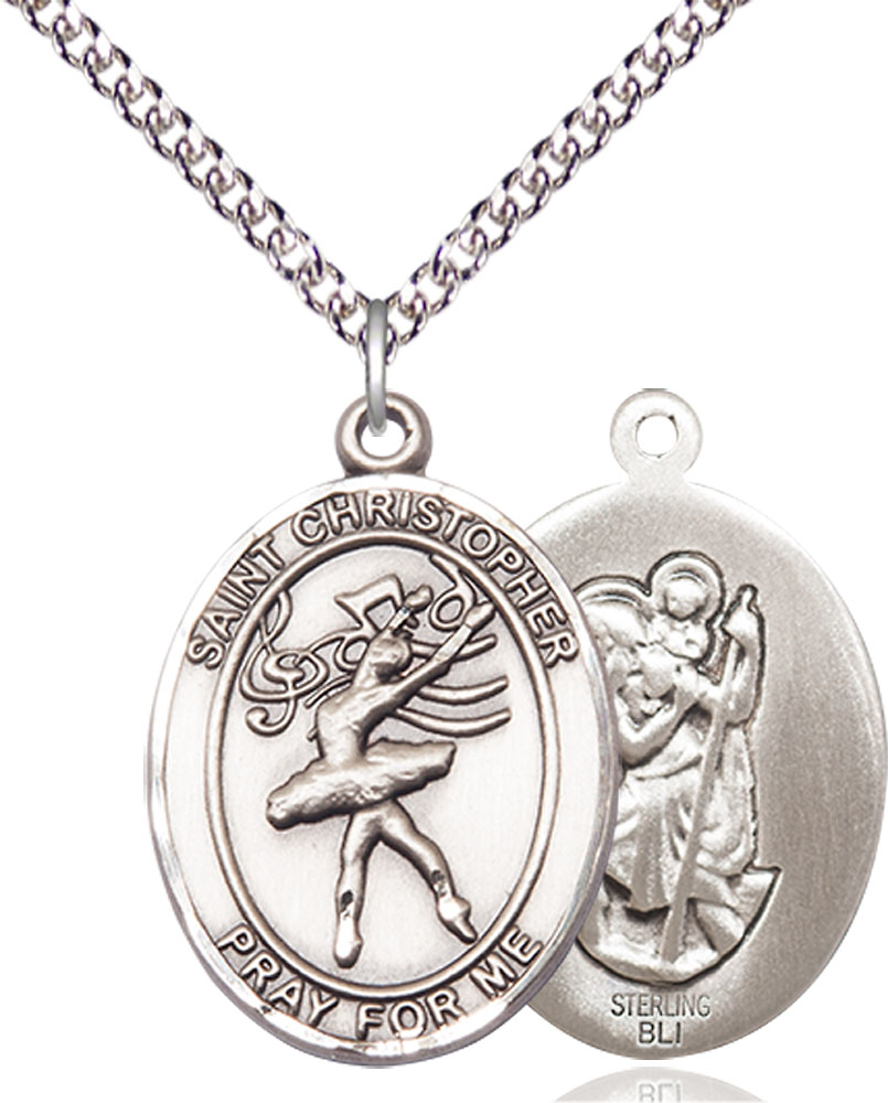 Sterling Silver Saint Christopher Dance Pendant on a 24 inch Sterling Silver Heavy Curb chain