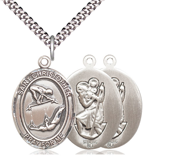 Sterling Silver Saint Christopher Gymnastics Pendant on a 24 inch Light Rhodium Heavy Curb chain