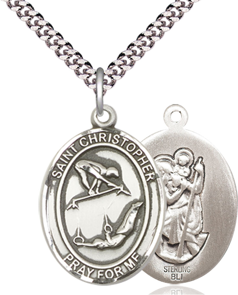 Sterling Silver Saint Christopher Gymnastics Pendant on a 24 inch Light Rhodium Heavy Curb chain
