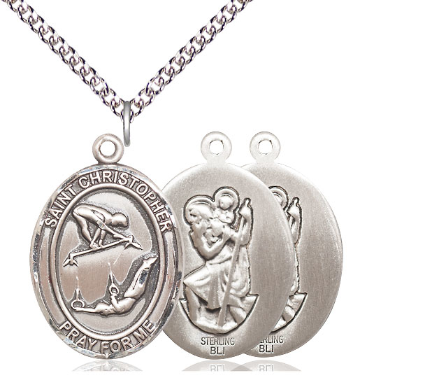 Sterling Silver Saint Christopher Gymnastics Pendant on a 24 inch Sterling Silver Heavy Curb chain
