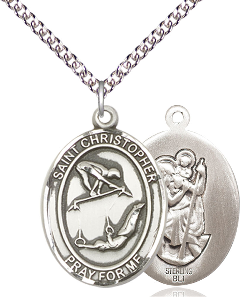 Sterling Silver Saint Christopher Gymnastics Pendant on a 24 inch Sterling Silver Heavy Curb chain