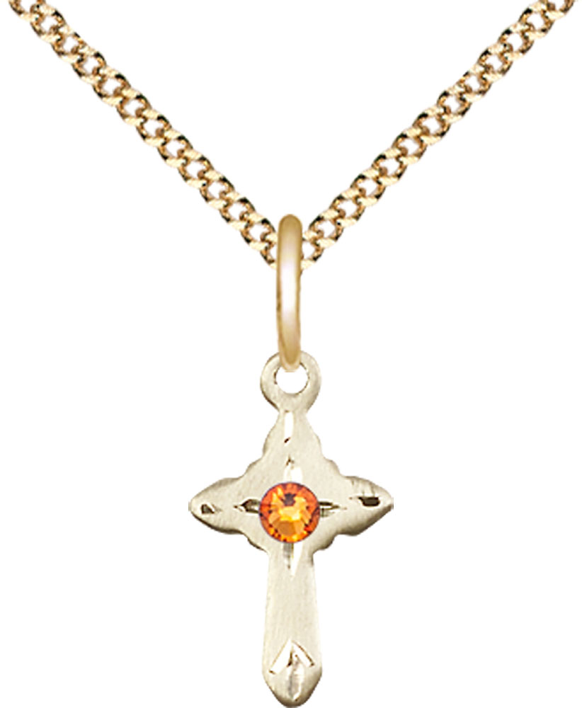 14kt Gold Filled Cross Pendant with a 3mm Topaz Swarovski stone on a 18 inch Gold Plate Light Curb chain