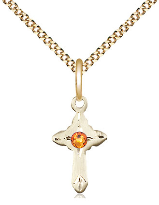 14kt Gold Filled Cross Pendant with a 3mm Topaz Swarovski stone on a 18 inch Gold Plate Light Curb chain