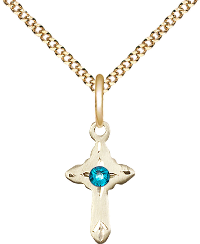 14kt Gold Filled Cross Pendant with a 3mm Zircon Swarovski stone on a 18 inch Gold Plate Light Curb chain