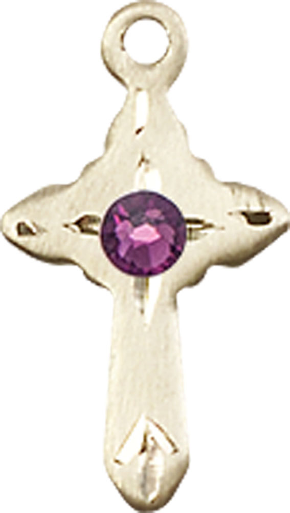 14kt Gold Filled Cross Medal with a 3mm Amethyst Swarovski stone