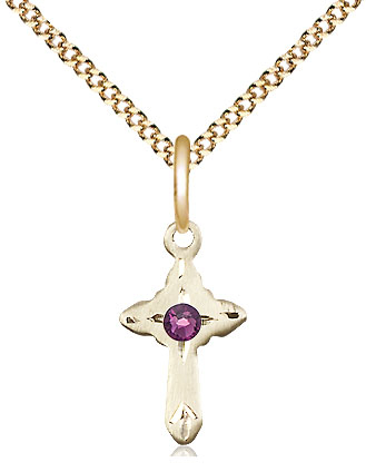 14kt Gold Filled Cross Pendant with a 3mm Amethyst Swarovski stone on a 18 inch Gold Plate Light Curb chain