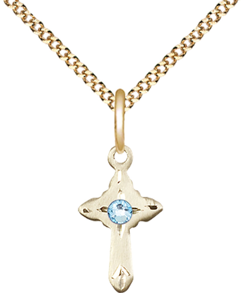 14kt Gold Filled Cross Pendant with a 3mm Aqua Swarovski stone on a 18 inch Gold Plate Light Curb chain