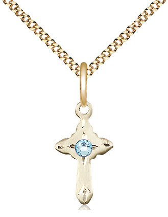 14kt Gold Filled Cross Pendant with a 3mm Aqua Swarovski stone on a 18 inch Gold Plate Light Curb chain