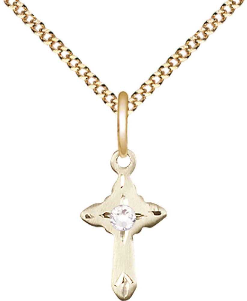 14kt Gold Filled Cross Pendant with a 3mm Crystal Swarovski stone on a 18 inch Gold Plate Light Curb chain