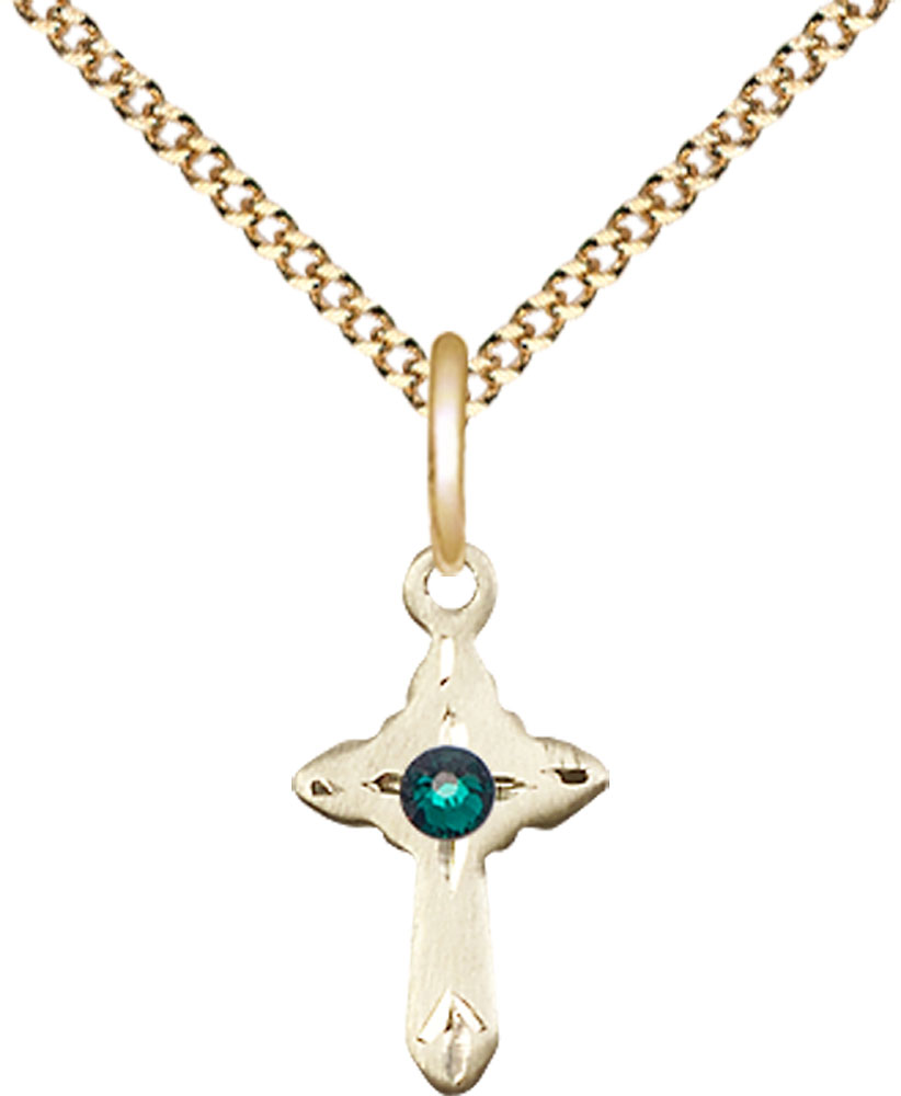 14kt Gold Filled Cross Pendant with a 3mm Emerald Swarovski stone on a 18 inch Gold Plate Light Curb chain