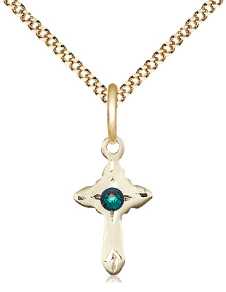 14kt Gold Filled Cross Pendant with a 3mm Emerald Swarovski stone on a 18 inch Gold Plate Light Curb chain