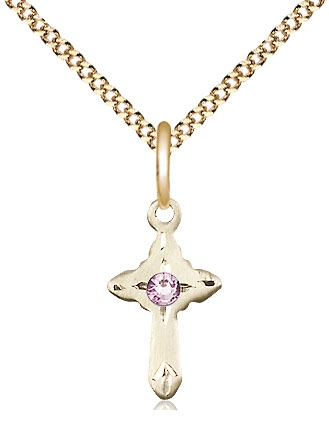 14kt Gold Filled Cross Pendant with a 3mm Light Amethyst Swarovski stone on a 18 inch Gold Plate Light Curb chain