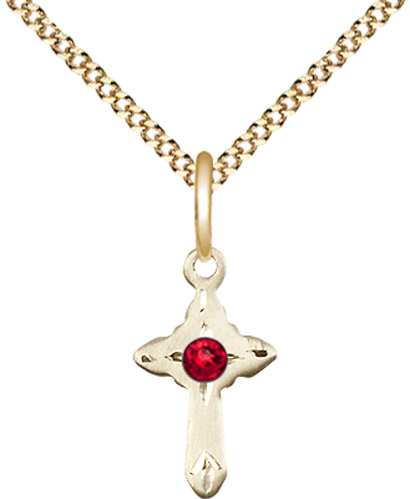 14kt Gold Filled Cross Pendant with a 3mm Ruby Swarovski stone on a 18 inch Gold Plate Light Curb chain