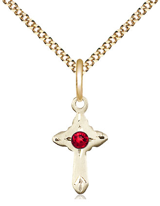 14kt Gold Filled Cross Pendant with a 3mm Ruby Swarovski stone on a 18 inch Gold Plate Light Curb chain