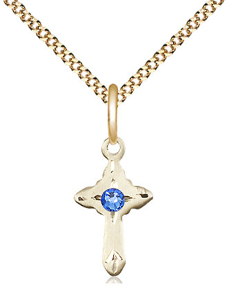 14kt Gold Filled Cross Pendant with a 3mm Sapphire Swarovski stone on a 18 inch Gold Plate Light Curb chain