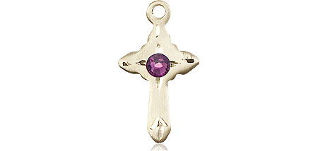 14kt Gold Cross Medal with a 3mm Amethyst Swarovski stone