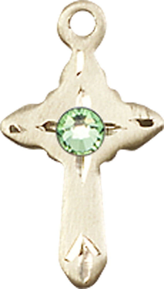 14kt Gold Cross Medal with a 3mm Peridot Swarovski stone