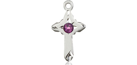 Sterling Silver Cross Medal with a 3mm Amethyst Swarovski stone