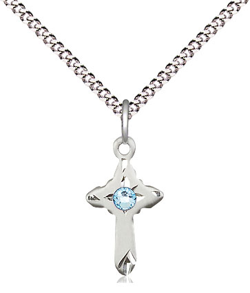 Sterling Silver Cross Pendant with a 3mm Aqua Swarovski stone on a 18 inch Light Rhodium Light Curb chain