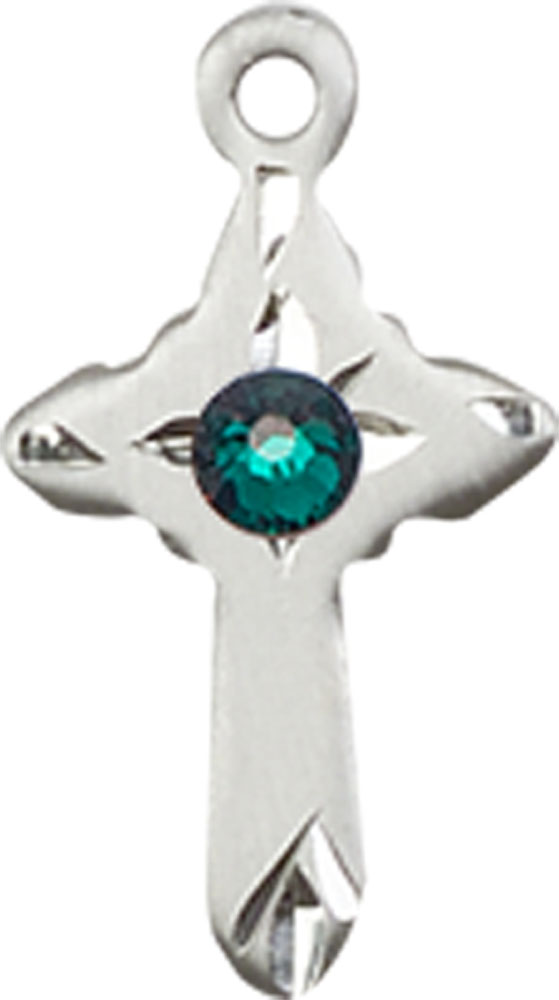 Sterling Silver Cross Medal with a 3mm Emerald Swarovski stone