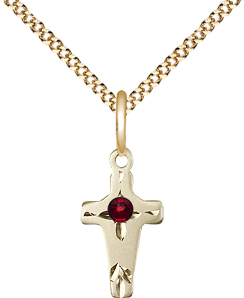 14kt Gold Filled Cross Pendant with a 3mm Garnet Swarovski stone on a 18 inch Gold Plate Light Curb chain