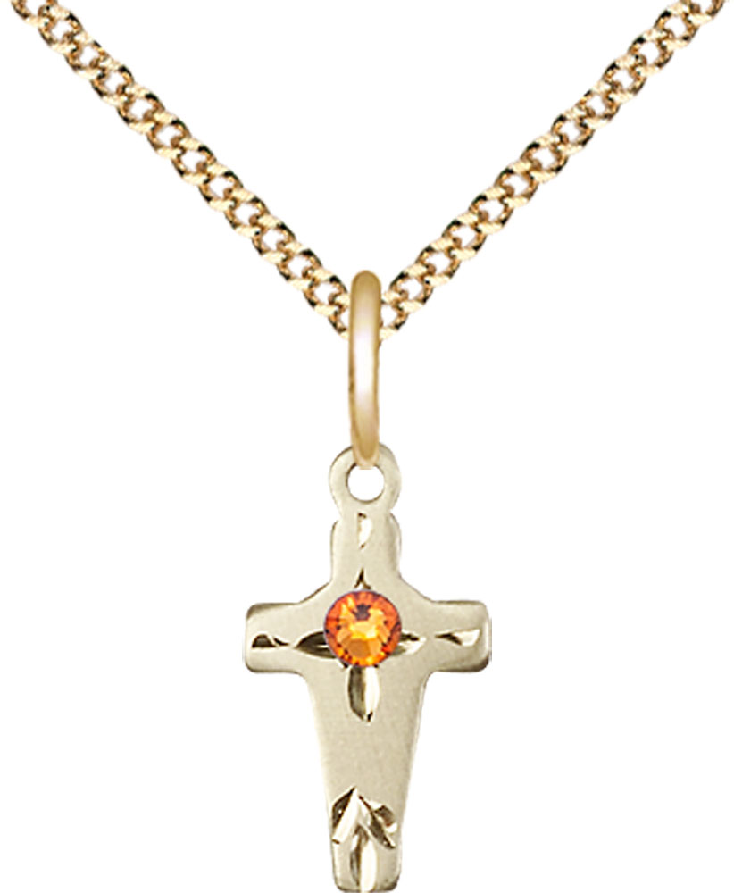 14kt Gold Filled Cross Pendant with a 3mm Topaz Swarovski stone on a 18 inch Gold Plate Light Curb chain