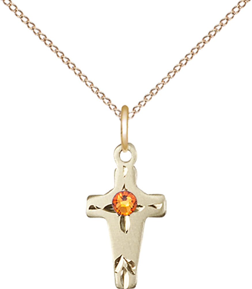 14kt Gold Filled Cross Pendant with a 3mm Topaz Swarovski stone on a 18 inch Gold Filled Light Curb chain