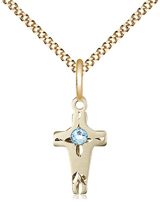 14kt Gold Filled Cross Pendant with a 3mm Aqua Swarovski stone on a 18 inch Gold Plate Light Curb chain