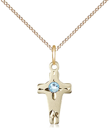 14kt Gold Filled Cross Pendant with a 3mm Aqua Swarovski stone on a 18 inch Gold Filled Light Curb chain