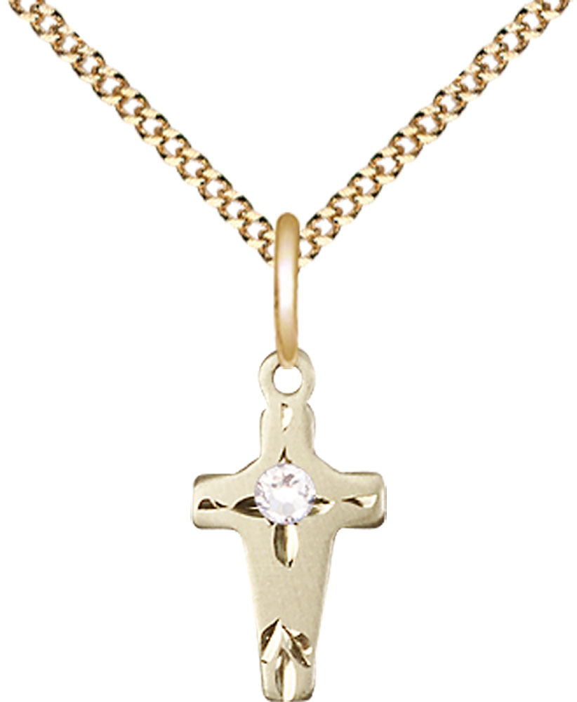 14kt Gold Filled Cross Pendant with a 3mm Crystal Swarovski stone on a 18 inch Gold Plate Light Curb chain