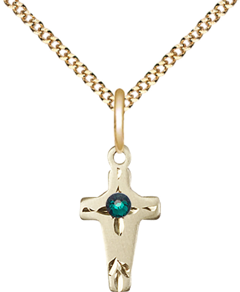 14kt Gold Filled Cross Pendant with a 3mm Emerald Swarovski stone on a 18 inch Gold Plate Light Curb chain