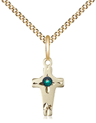 14kt Gold Filled Cross Pendant with a 3mm Emerald Swarovski stone on a 18 inch Gold Plate Light Curb chain