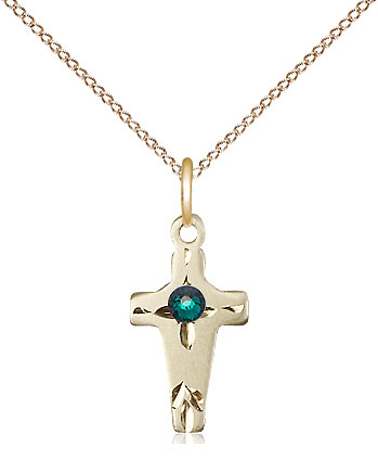 14kt Gold Filled Cross Pendant with a 3mm Emerald Swarovski stone on a 18 inch Gold Filled Light Curb chain