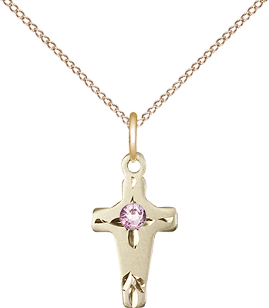 14kt Gold Filled Cross Pendant with a 3mm Light Amethyst Swarovski stone on a 18 inch Gold Filled Light Curb chain