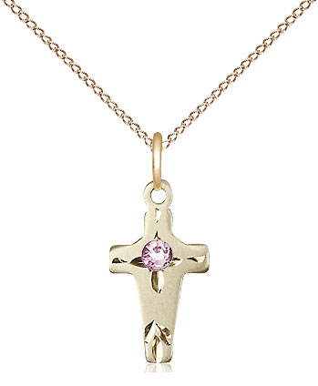 14kt Gold Filled Cross Pendant with a 3mm Light Amethyst Swarovski stone on a 18 inch Gold Filled Light Curb chain