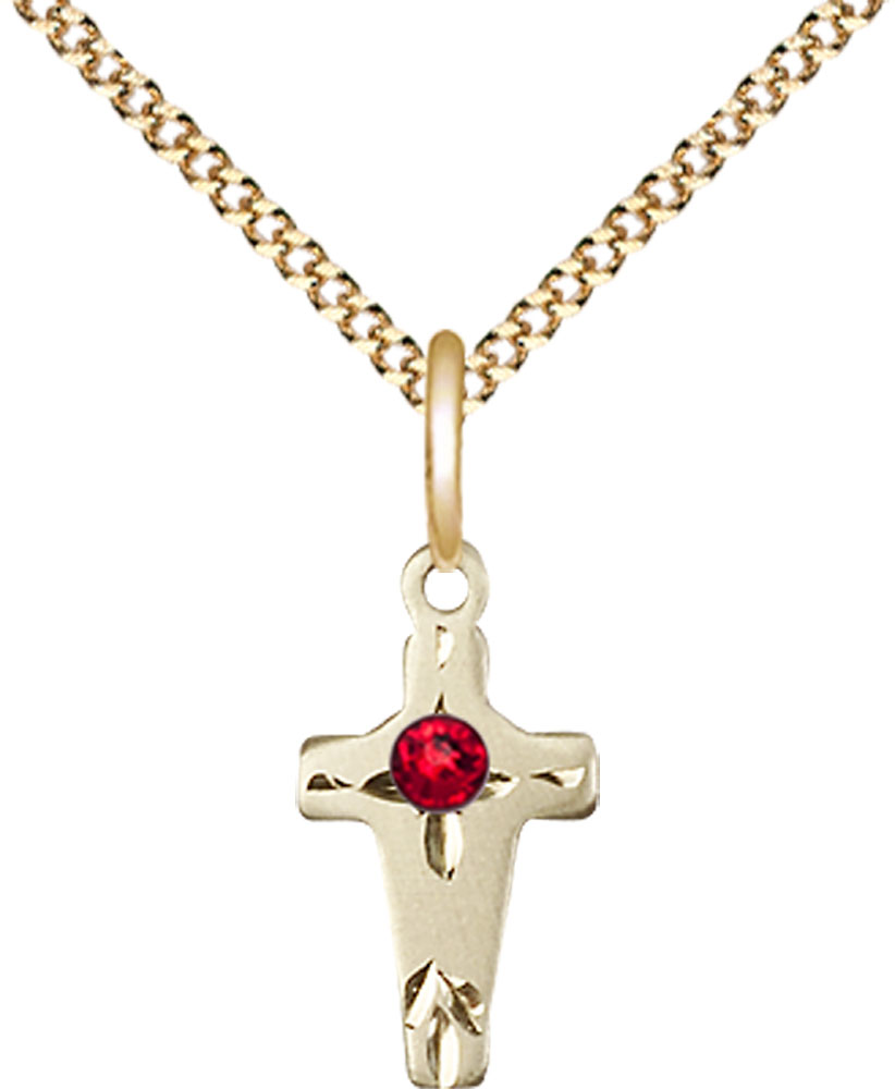 14kt Gold Filled Cross Pendant with a 3mm Ruby Swarovski stone on a 18 inch Gold Plate Light Curb chain