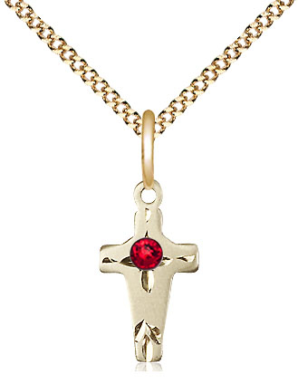 14kt Gold Filled Cross Pendant with a 3mm Ruby Swarovski stone on a 18 inch Gold Plate Light Curb chain