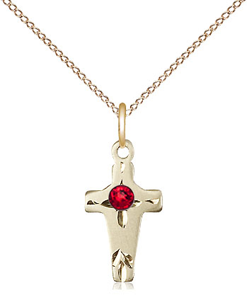 14kt Gold Filled Cross Pendant with a 3mm Ruby Swarovski stone on a 18 inch Gold Filled Light Curb chain