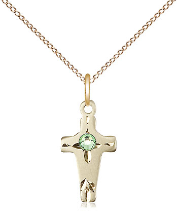 14kt Gold Filled Cross Pendant with a 3mm Peridot Swarovski stone on a 18 inch Gold Filled Light Curb chain